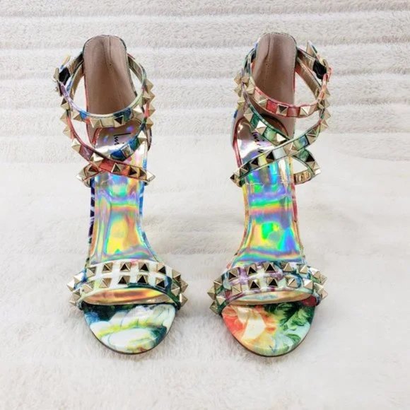 Sexy Riot Colorful Patent Gold Stud Cross Strap Sandal Shoe 4.5" Stiletto Heels - Picture 6 of 9